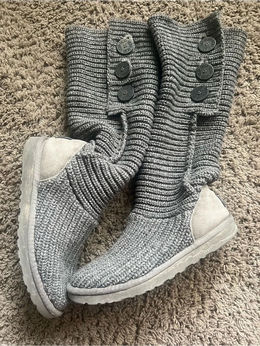 UGG Grey Knit Button-Accent Slouchy Winter Boots